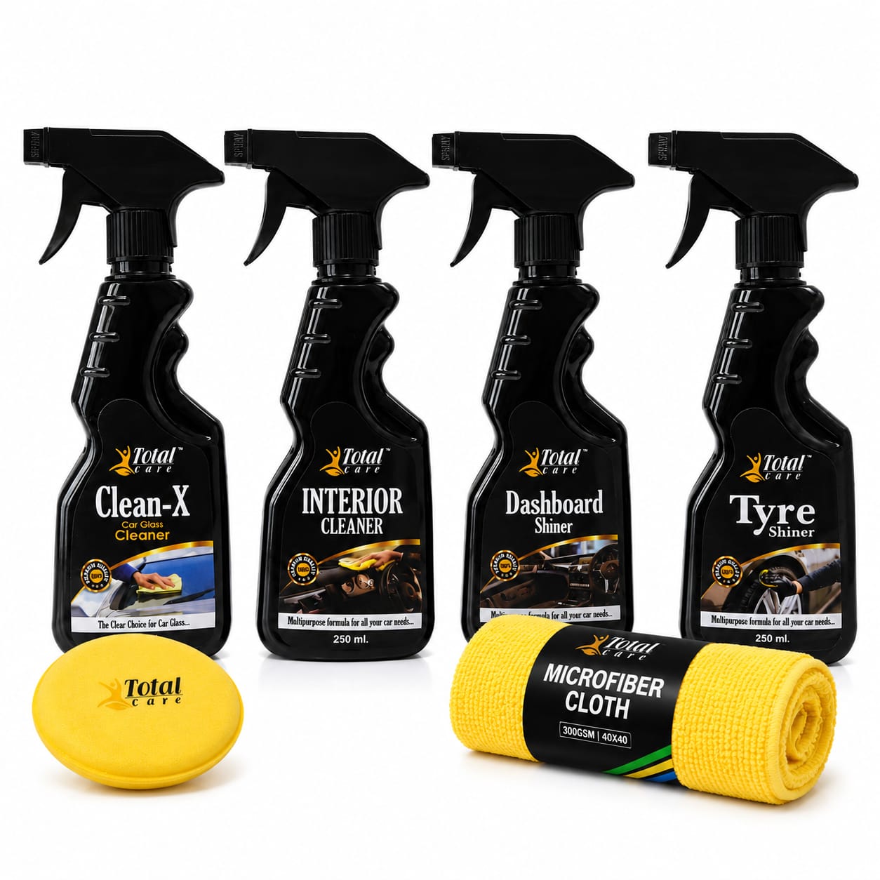 Total Care 5-in-1 Premium Car Cleaning Kit | Glass Cleaner, Interior Cleaner, Dashboard Shiner, Tyre Shiner with Microfiber Cloth & Applicator Pad