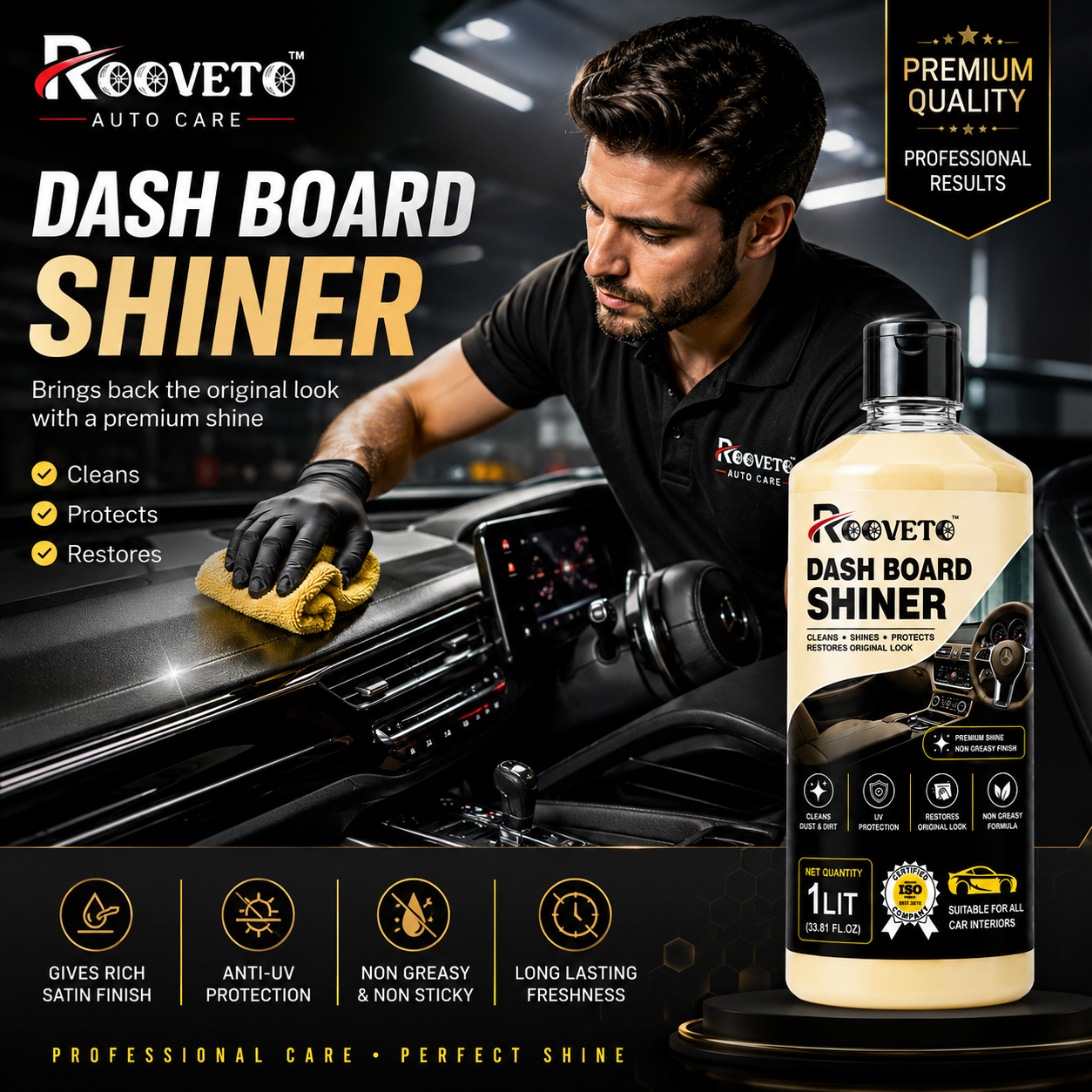 ROOVETO DASH BOARD SHINER CLEANS, SHINES & PROTECTS CAR INTERIORS