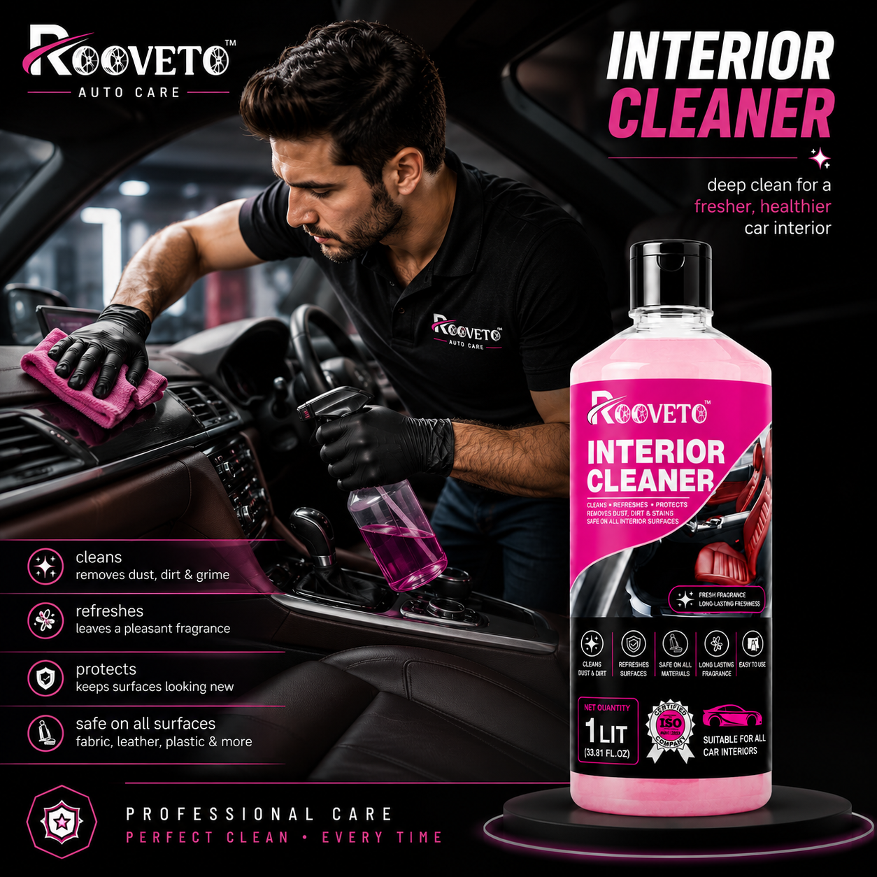 ROOVETO INTERIOR CLEANER REMOVES DUST, DIRT & STAINS SAFE FOR ALL CAR INTERIOR SURFACES