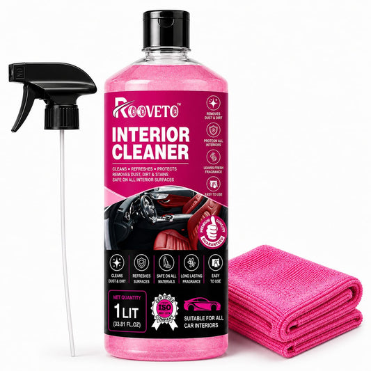 ROOVETO INTERIOR CLEANER REMOVES DUST, DIRT & STAINS SAFE FOR ALL CAR INTERIOR SURFACES With a free spray pump and foam applicator.