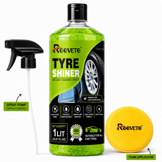 ROOVETO TYRE SHINER 1 LITRE – HIGH GLOSS TYRE DRESSING & PROTECTANT With a free spray pump and foam applicator.